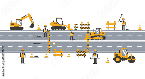 Road construction scene with workers machinery and safety barriers