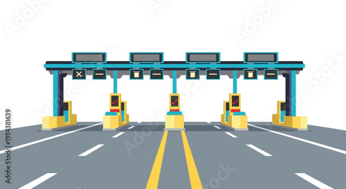 Illustration of a highway toll booth with multiple lanes and barriers