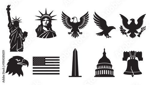 American National Landmark and Symbol Silhouette Set for USA Patriotic Heritage and Independence Day Design