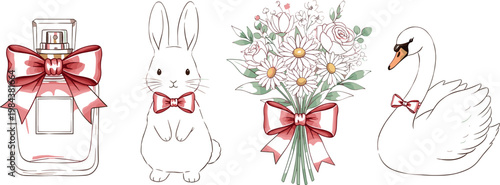 Elegant romantic collection with perfume bottle bunny swan and floral bouquet decorated with red ribbon vector illustration set