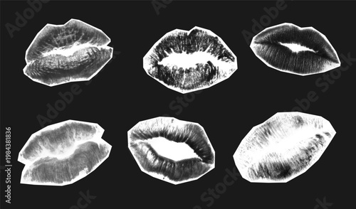 Kiss imprint halftone for lipstick collage photocopy and grunge texture effect. Isolated distressed romantic for set retro mouth and vintage graphic vector. Kiss illustration modern for lipstick.