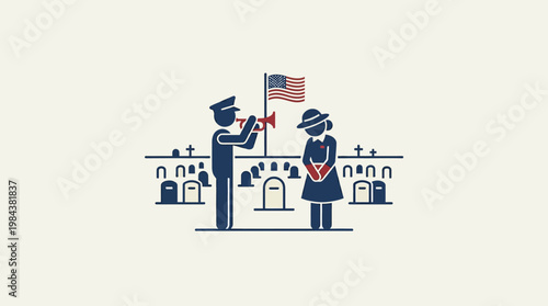 Memorial Ceremony with Mourner Flag and Tombstones