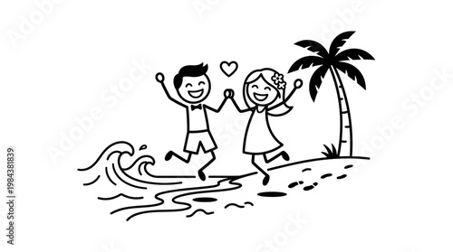 Happy Couple Jumping for Joy on a Tropical Beach