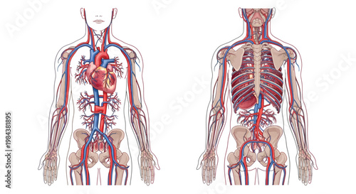 Detailed anatomical illustration of the human circulatory and skeletal systems
