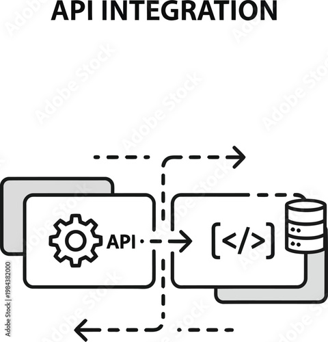 Api integration concept: data flow between systems and database with back end