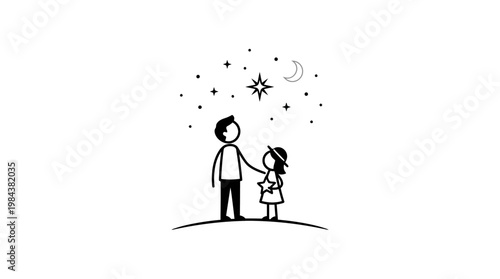 Father and Daughter Gazing at Stars Under Moonlight