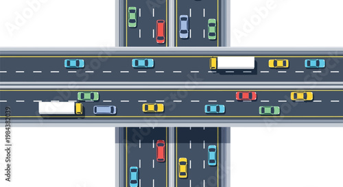 Aerial view of a complex highway interchange with multiple vehicles