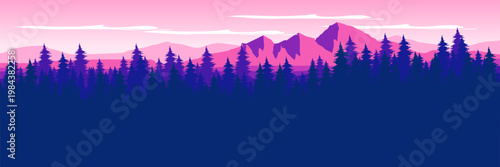 Flat vector dark purple wilderness with massive night sky copy space