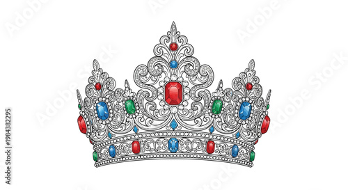 An ornate silver crown featuring colorful gemstones and intricate details