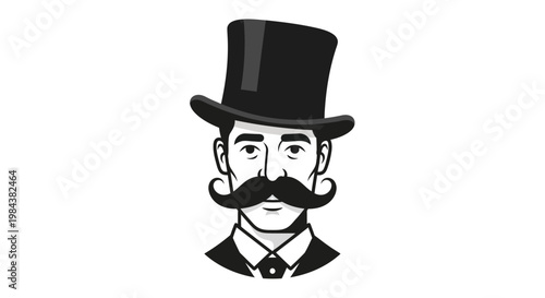 A monochrome depiction of a man with a top hat and handlebar mustache