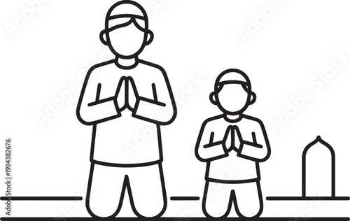 Father and son praying together, Islamic prayer illustration in outline style