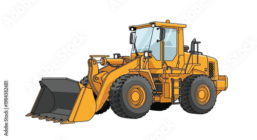 Illustration of a yellow front end wheel loader construction vehicle