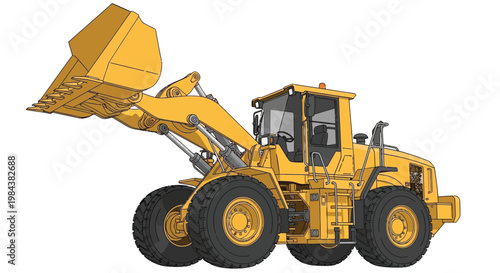 Yellow front end loader depicted in a detailed illustrative style