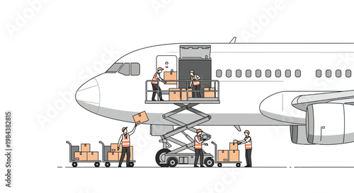Workers loading cargo onto a large passenger airplane with a lift