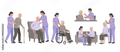 Elderly Caregiver Assistance Set, Professional Nurse Helping Senior Patients, Nursing Home Activities and Medical Support Concept, Flat Vector Illustrations of Caregiving, Senior Citizens Health Assis