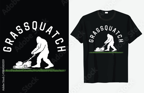 A black t shirt design featuring a bigfoot mowing a lawn