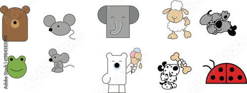 A collection of cute cartoon animals including a bear a mouse an elephant and a ladybug