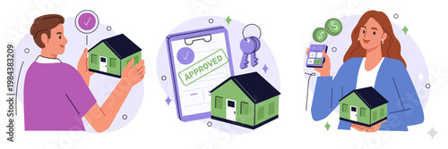 Family investing in real estate with property and loan property investment mortgage ownership building architecture illustration smartphone agreement document happiness planning financial