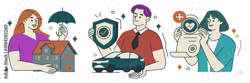 Insurance concept: home car health protection with insurance policy protection umbrella security coverage documents personal property treatment wellbeing assurance defender