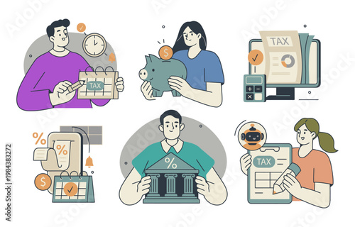 Financial planning and management with banking investment tax piggy bank investment business financial planning illustration building interest percentage calculator document analysis