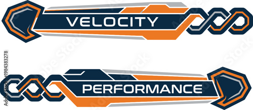 Abstract technological banners featuring the words velocity and performance in modern typography.