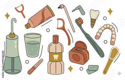 Dental hygiene and oral care vector illustration with various tools and products dental floss water flosser health care personal illustration collection products toothbrush toothpaste
