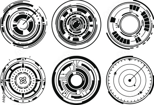 A collection of six high-tech circular shapes representing futuristic data displays and interfaces