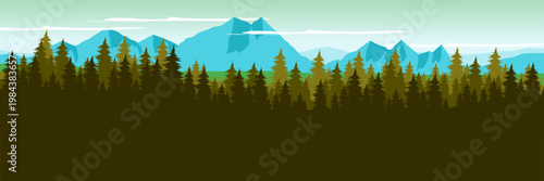 Wide website header template misty green pine woods silhouette