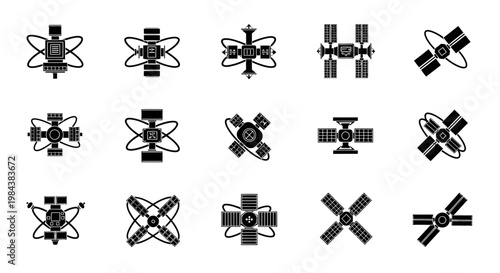 Satellite Icons Set: Orbiting Spacecraft and Orbital Technology