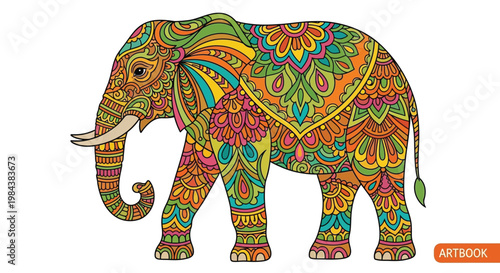 Colorful elephant illustration, ornate animal design, vibrant artbook style, decorative wildlife vector