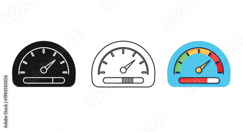 Speedometer icon set black white and color variations displayed