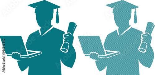 Two teal graduates holding diplomas and laptops wearing caps and gowns