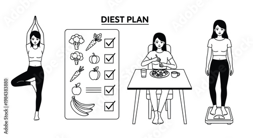 A diet plan illustration showing exercise healthy food and weight monitoring