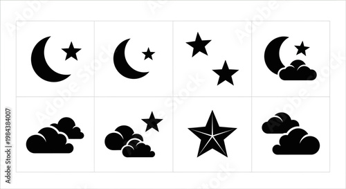 Night Sky Icons: Moon, Stars, Clouds - Simple Black and White Vector Graphics
