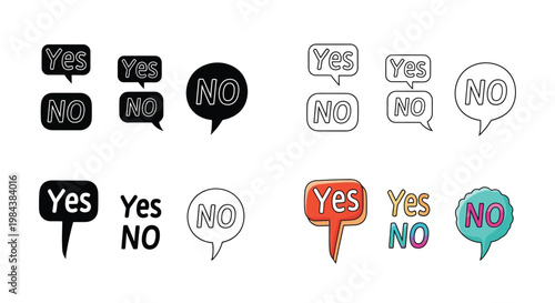 Various speech bubbles displaying yes and no in different styles