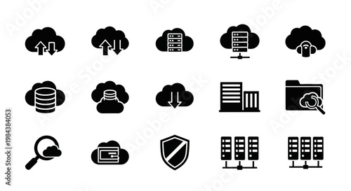 Cloud Computing Icons: Data Storage, Security, Servers, and Network Icons