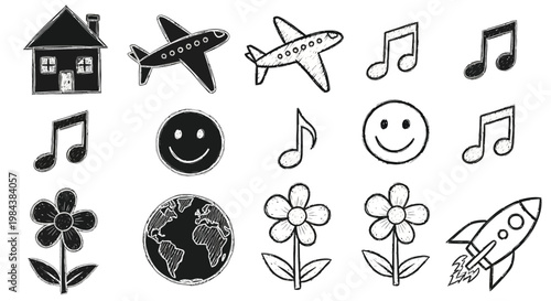 Collection of hand drawn doodles including planes flowers and musical notes