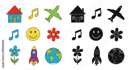 Colorful and monochrome icons depicting houses music planes flowers and space