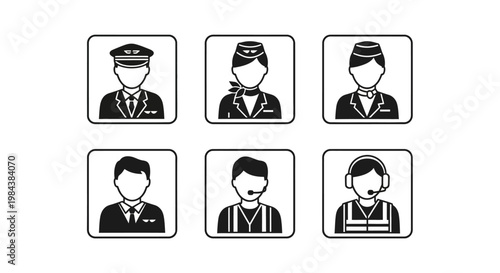 Airline Crew Icons: Pilot, Flight Attendants, Ground Staff, Air Traffic Controller