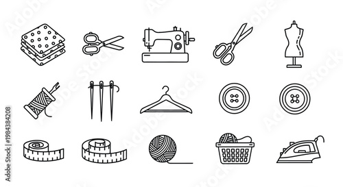 sewing icons, fashion design elements, 16 black line icons, fabric and textile symbols