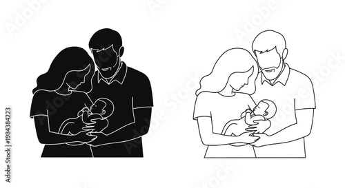 A loving couple gently holding their newborn baby in a simple design