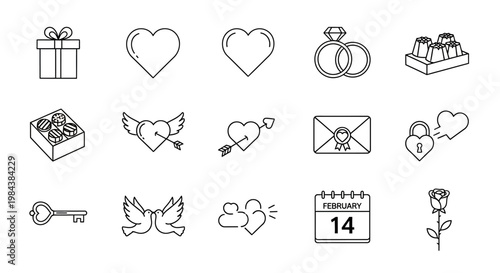 Valentine's Day Icons: Hearts, Rings, Gifts, Love Symbols - Line Art
