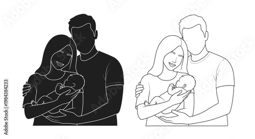 A loving couple tenderly holds their newborn baby in two variations