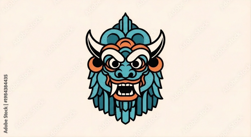 Naklejka premium Stylized Geometric Oni Mask Illustration with Horn and Sharp Teeth Cultural Icon