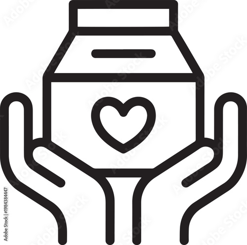 Hands holding donation box with heart symbol, vector illustration in outline style