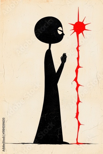 Black Figure Praying Before Red Splatter on Beige