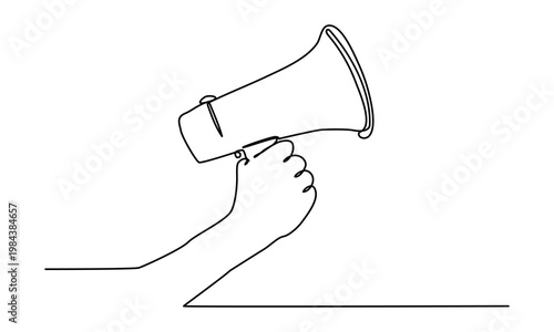One line hand with megaphone. Person hold loudspeaker in continuous one lines style.