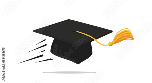 Graduation cap flying with speed lines on white background.