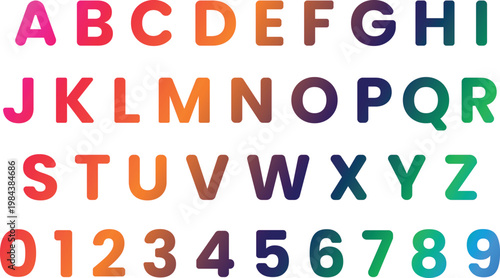 Colorful uppercase alphabet letters a to z and numbers 0 to 9 on a white background, typography reference