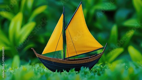Decorative Miniature Sailboat with Golden Sails in Lush Green Foliage